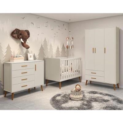 Dormitório Infantil Isis com Guarda-Roupa Cômoda Berço com Colchão MDF Bege Reller Móveis