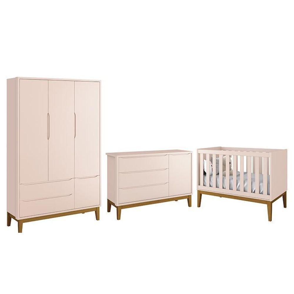 Dormitório Infantil Classic 3 Portas, Cômoda 1 Porta E Berço Rosa Fosco Com Pés Amadeirado - Reller Móveis Rosa Fosco - 1