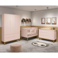 Dormitório Infantil Classic 3 Portas, Cômoda 1 Porta E Berço Rosa Fosco Com Pés Amadeirado - Reller Móveis Rosa Fosco