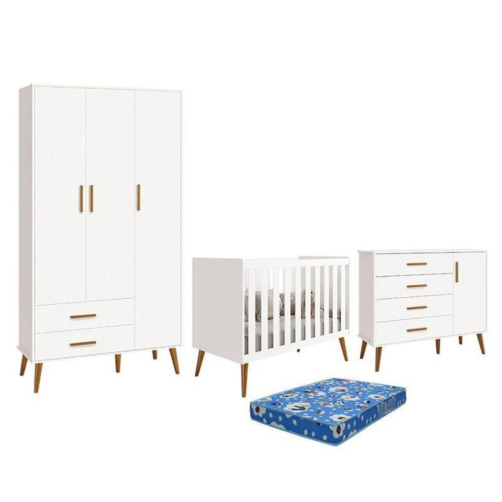 Dormitório Infantil Isis Guarda Roupa 3 Portas, Cômoda 1 Porta E Berço Branco Com Colchão - Reller Móveis Branco - 1