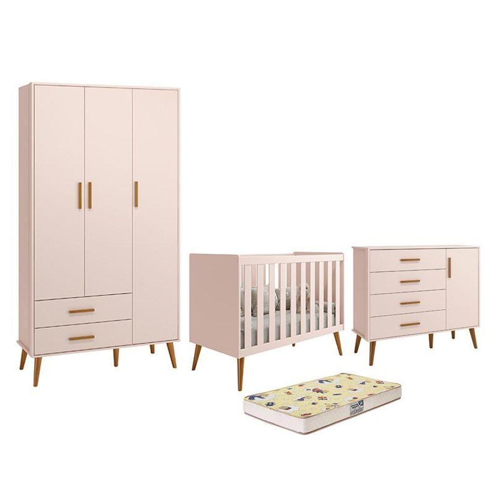 Dormitório Infantil Isis Guarda Roupa 3 Portas, Cômoda 1 Porta E Berço Rosa Com Colchão D18 - Reller Móveis Rosa - 1