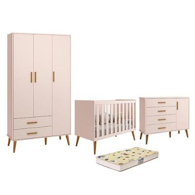 Dormitório Infantil Isis Guarda Roupa 3 Portas, Cômoda 1 Porta E Berço Rosa Com Colchão D18 - Reller Móveis Rosa