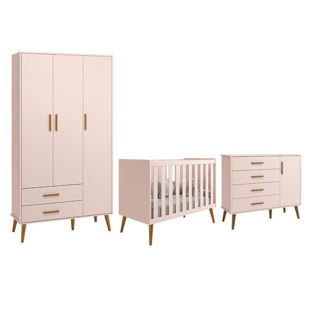 Dormitório Infantil Isis Guarda Roupa 3 Portas, Cômoda 1 Porta E Berço Rosa - Reller Móveis Rosa - 1