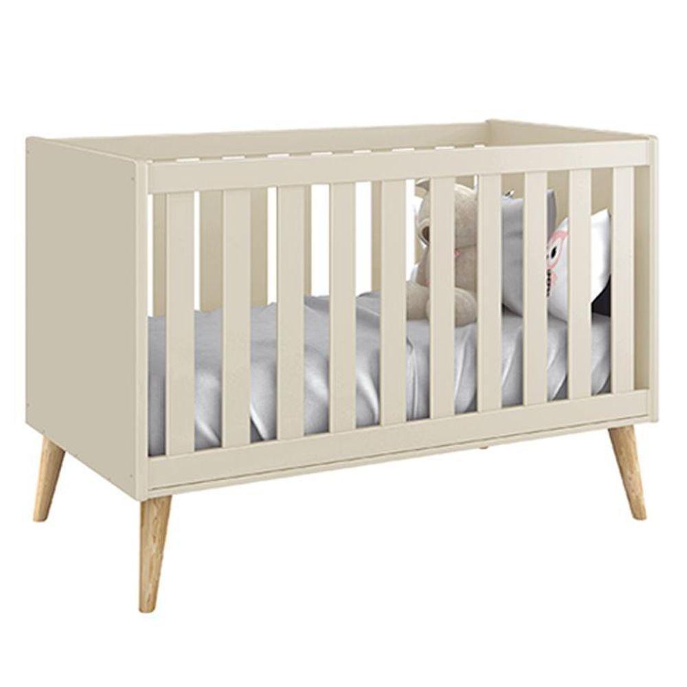 Berço Mini Cama Theo Areia Fosco Com Pés Madeira Natural - Reller Móveis Areia Fosco - 1