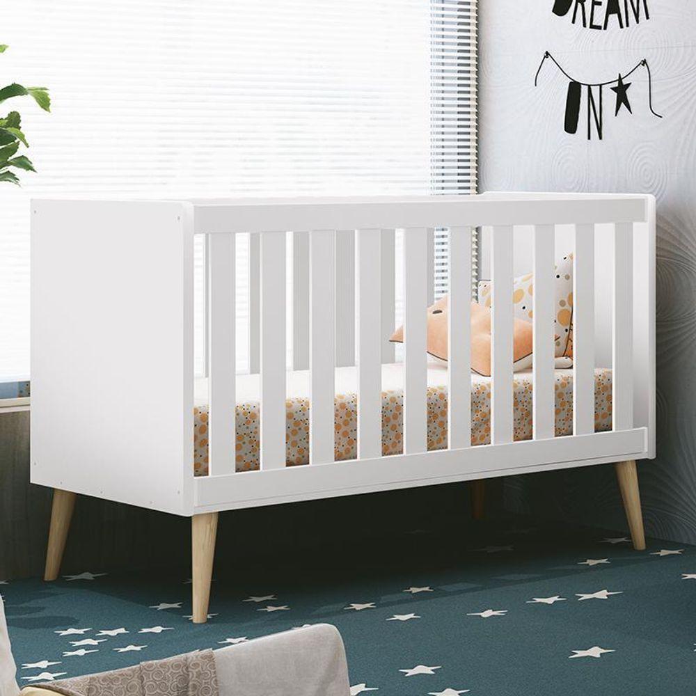 Berço Americano Theo Pés Madeira Natural Branco Fosco Com Colchão D18 - Reller Móveis Branco Fosco - 6