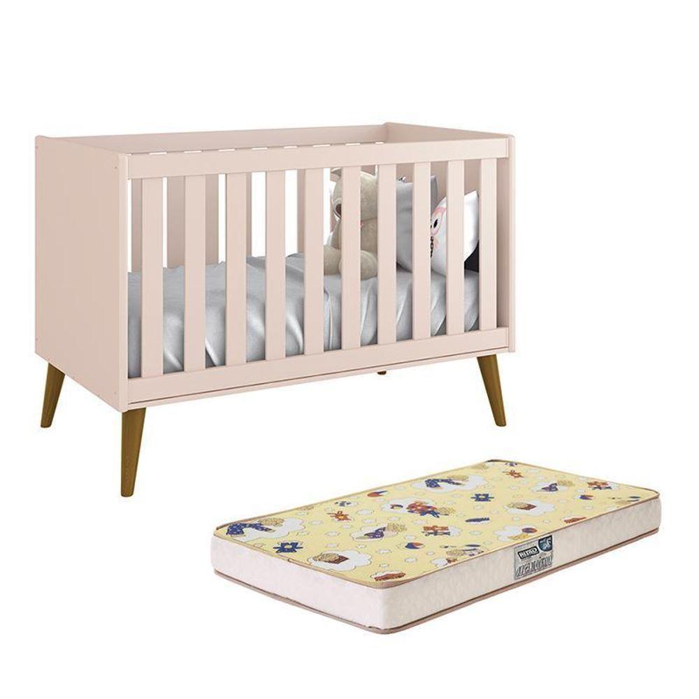 Berço Mini Cama Theo Retrô Rosa Fosco Com Pés Amadeirado E Colchão D18 - Reller Móveis Rosa Fosco - 1