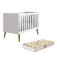 Berço Mini Cama Theo Retrô Branco Fosco Com Pés Amadeirado E Colchão D18 - Reller Móveis Branco Fosco - 1