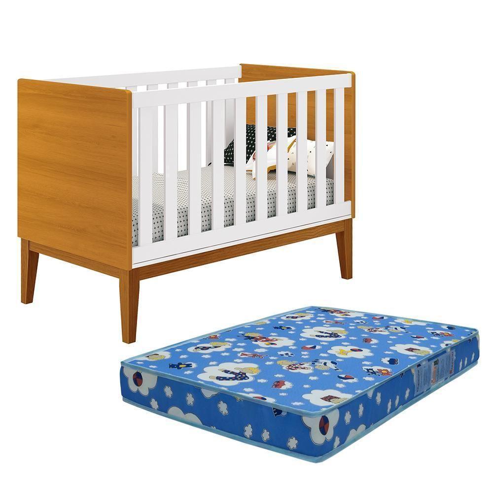 Berço Mini Cama Classic Branco Savana Pés Amadeirado Com Colchão D18 - Reller Móveis Branco Savana - 1