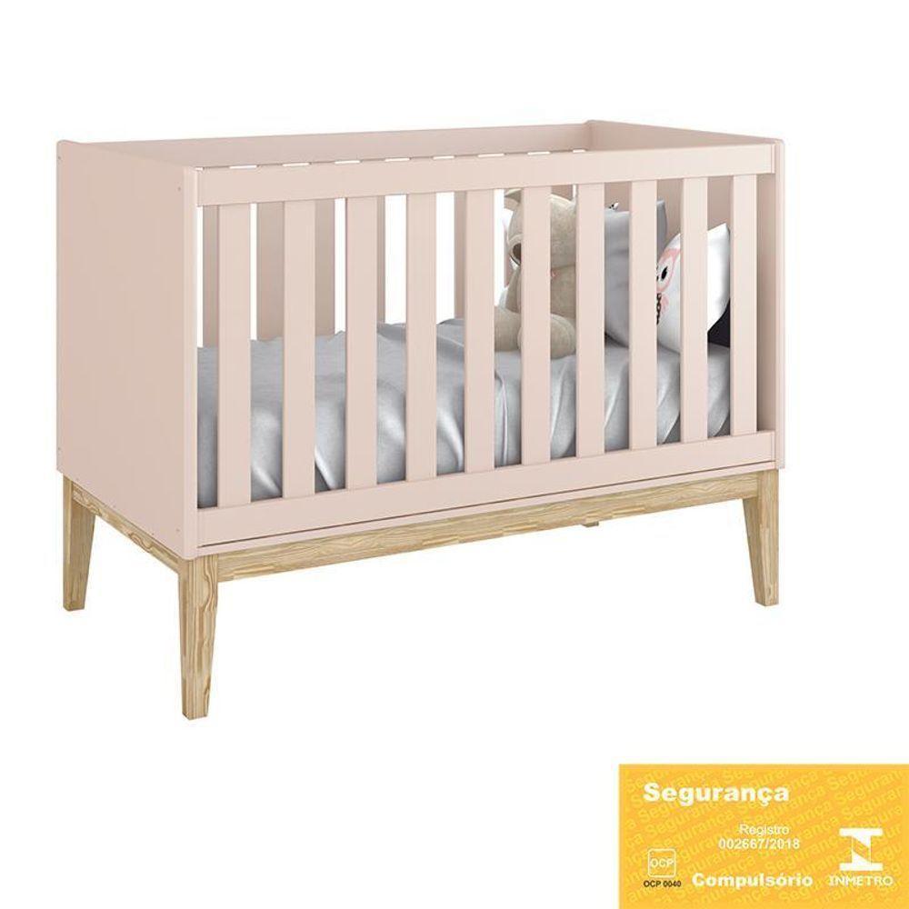 Berço Mini Cama Classic Rosa Fosco Pés Madeira Natural Com Colchão D18 - Reller Móveis Rosa Fosco - 4