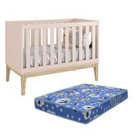 Berço Mini Cama Classic Rosa Fosco Pés Madeira Natural Com Colchão D18 - Reller Móveis Rosa Fosco - 1