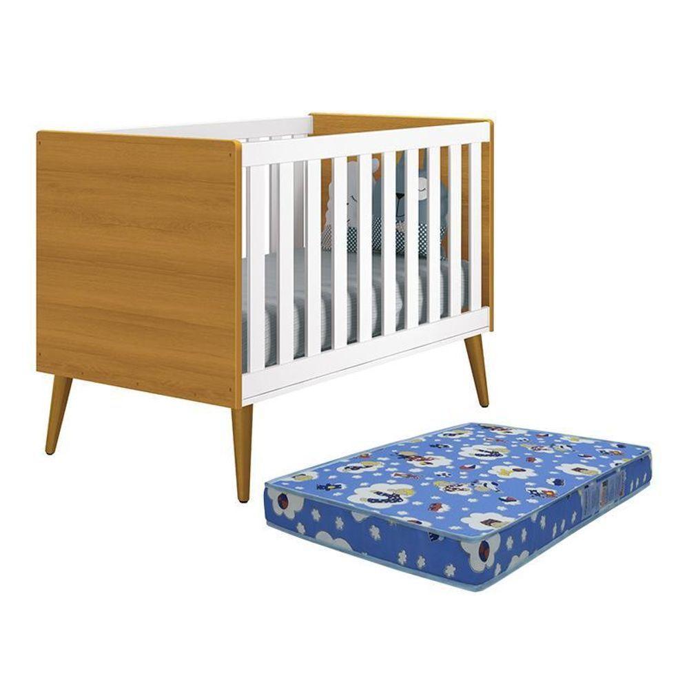 Berço Americano Theo Branco Savana Pés Amadeirado Com Colchão D18 - Reller Móveis Branco Savana - 1