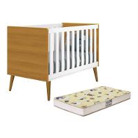 Berço Mini Cama Theo Retrô Branco Savana Com Pés Amadeirado E Colchão D18 - Reller Móveis Branco Savana - 1
