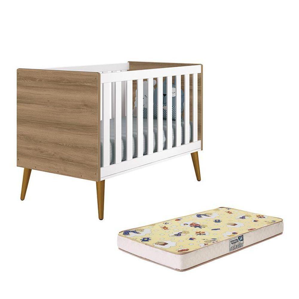 Berço Mini Cama Theo Retrô Branco Fosco Mezzo Com Pés Amadeirado E Colchão D18 - Reller Móveis Branco Fosco Mezzo - 1