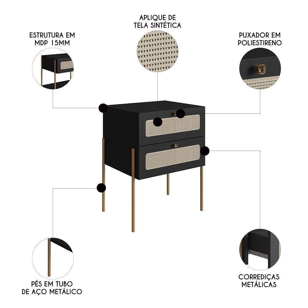 Mesa De Cabeceira Com 2 Gavetas Pé Metal Arlo A10 Nero/dourado - Mpozenato - 6