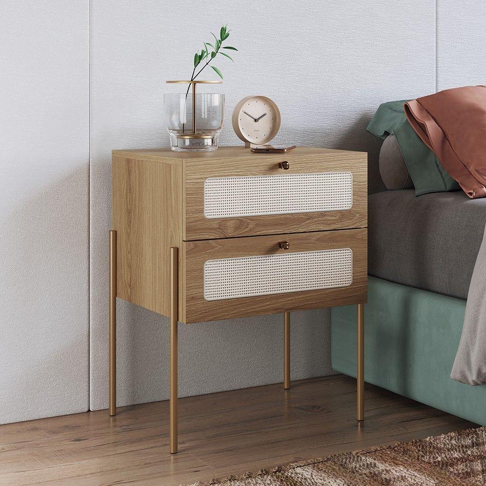 Mesa De Cabeceira Com 2 Gavetas Pé Metal Arlo A10 Hanover/dourado - Mpozenato - 7