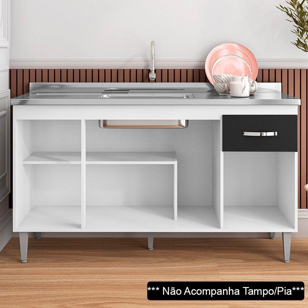 Balcão Gabinete Para Pia Sem Tampo 150cm 4 Portas E 1 Gaveta Flex Gabriela Branco-preto - 3