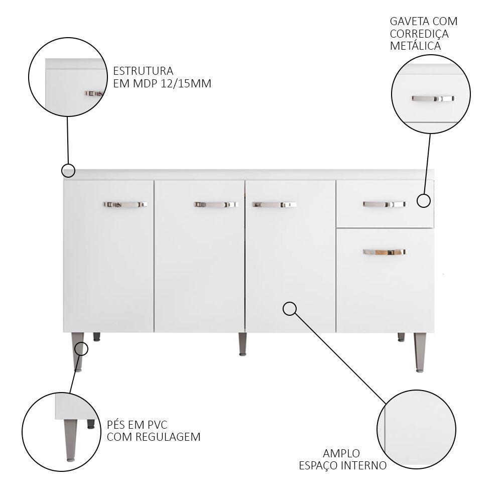 Balcão Gabinete Para Pia Sem Tampo 150cm 4 Portas E 1 Gaveta Flex Gabriela Branco-preto - 9