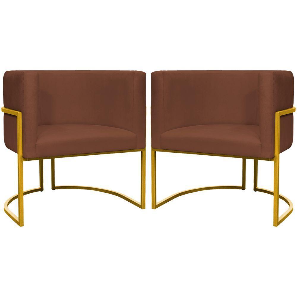 Kit 2 Poltronas Cadeira Para Sala De Luna Suede Cores Base Dourada - Terracota, Suede - 1