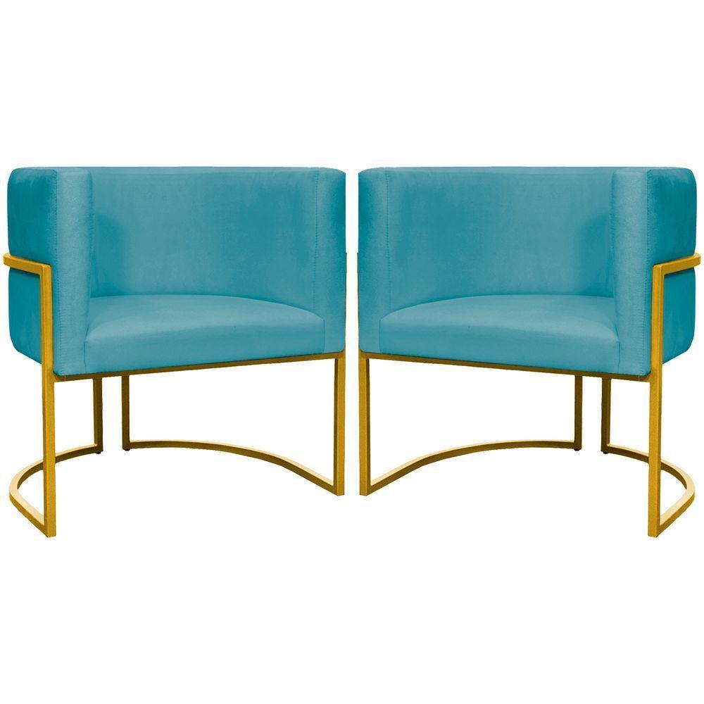 Kit 2 Poltronas Cadeira Para Sala De Luna Suede Cores Base Dourada - Azul-turquesa, Suede - 1