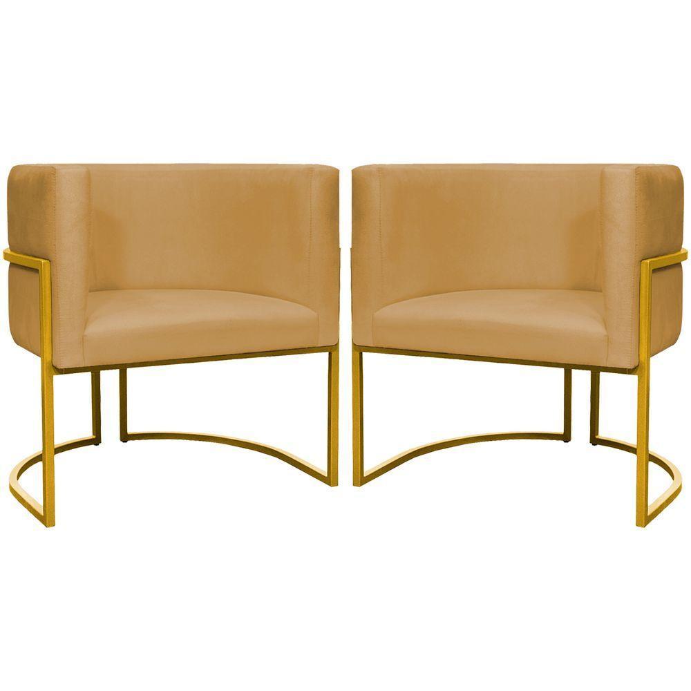 Kit 2 Poltronas Cadeira Para Sala De Luna Suede Cores Base Dourada - Mostarda, Suede - 1