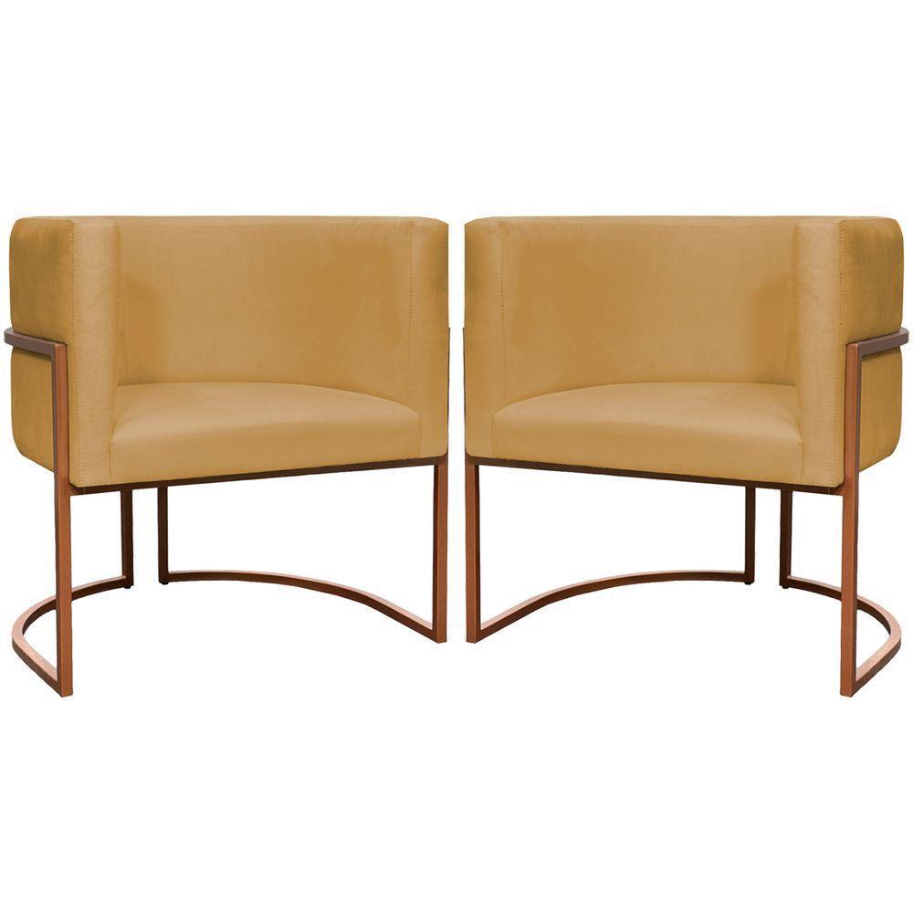 Kit 2 Poltronas Para Sala De Recepção Luna Suede Cores Base De Ferro Bronze - Mostarda, Suede - 1