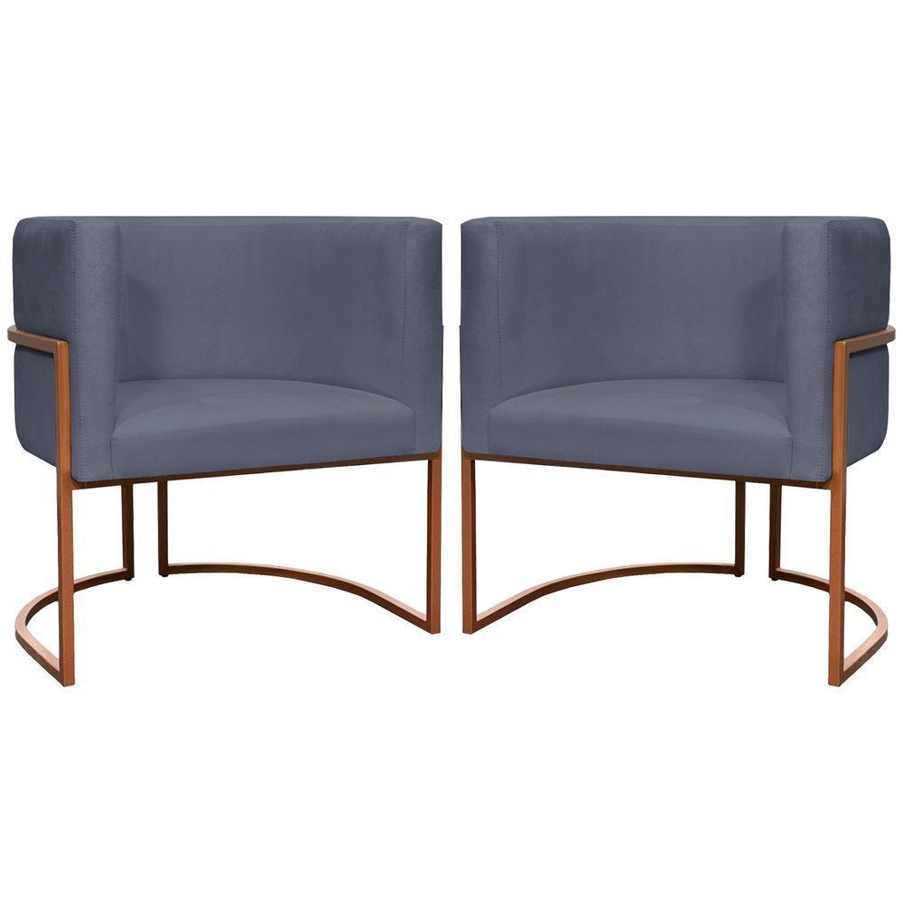Kit 2 Poltronas Para Sala De Recepção Luna Suede Cores Base De Ferro Bronze - Cinza, Suede - 1