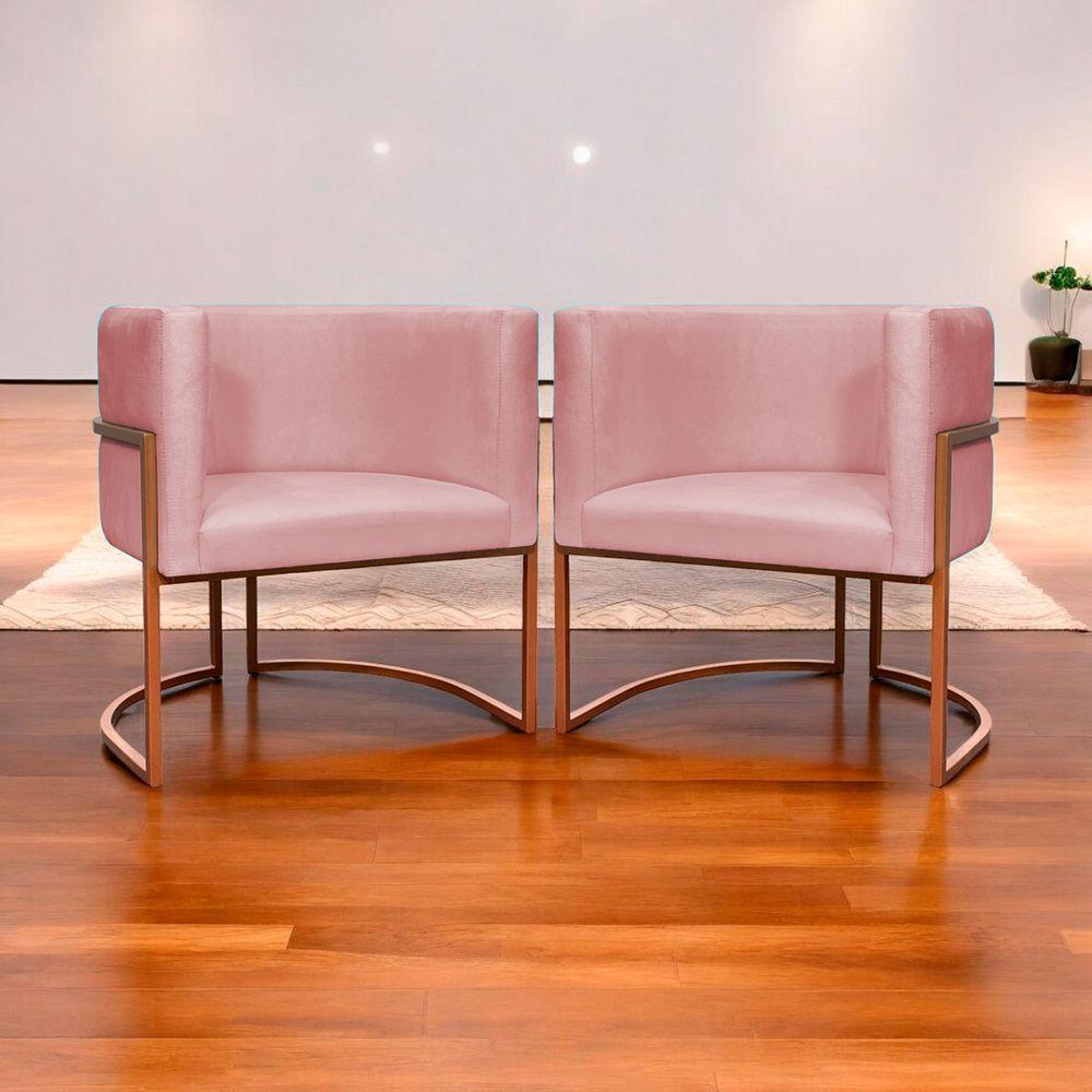 Kit 2 Poltronas Para Sala De Recepção Luna Suede Cores Base De Ferro Bronze - Rosê, Suede - 6