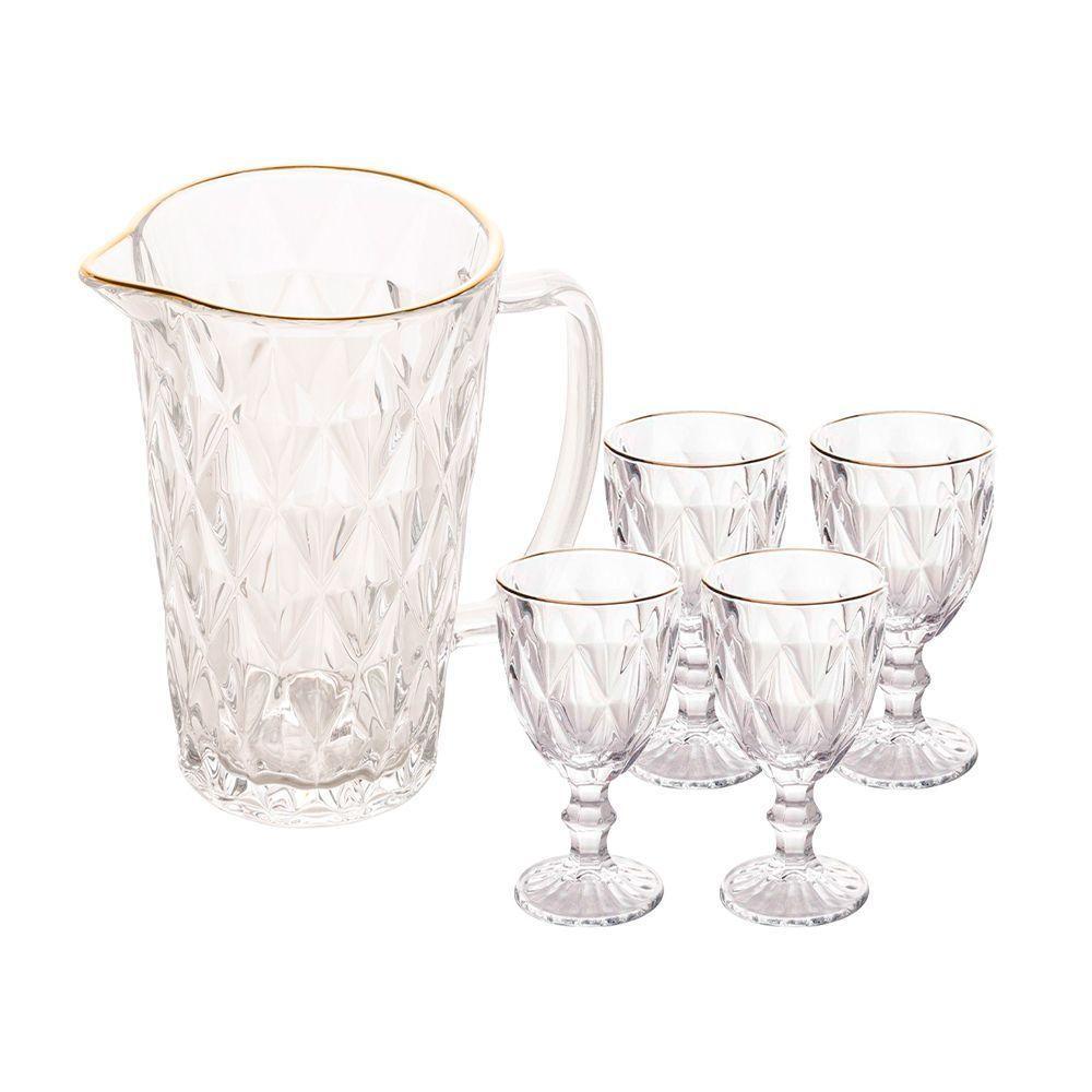 Jogo Jarra 1l Diamond Com 4 Taças De Vidro 325ml Fio De Ouro Borda Dourada água Suco Lyor - 1