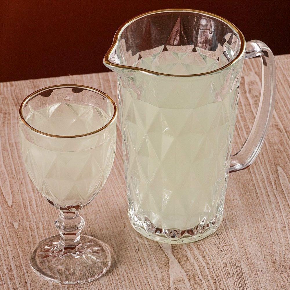 Jogo Jarra 1l Diamond Com 4 Taças De Vidro 325ml Fio De Ouro Borda Dourada água Suco Lyor - 6