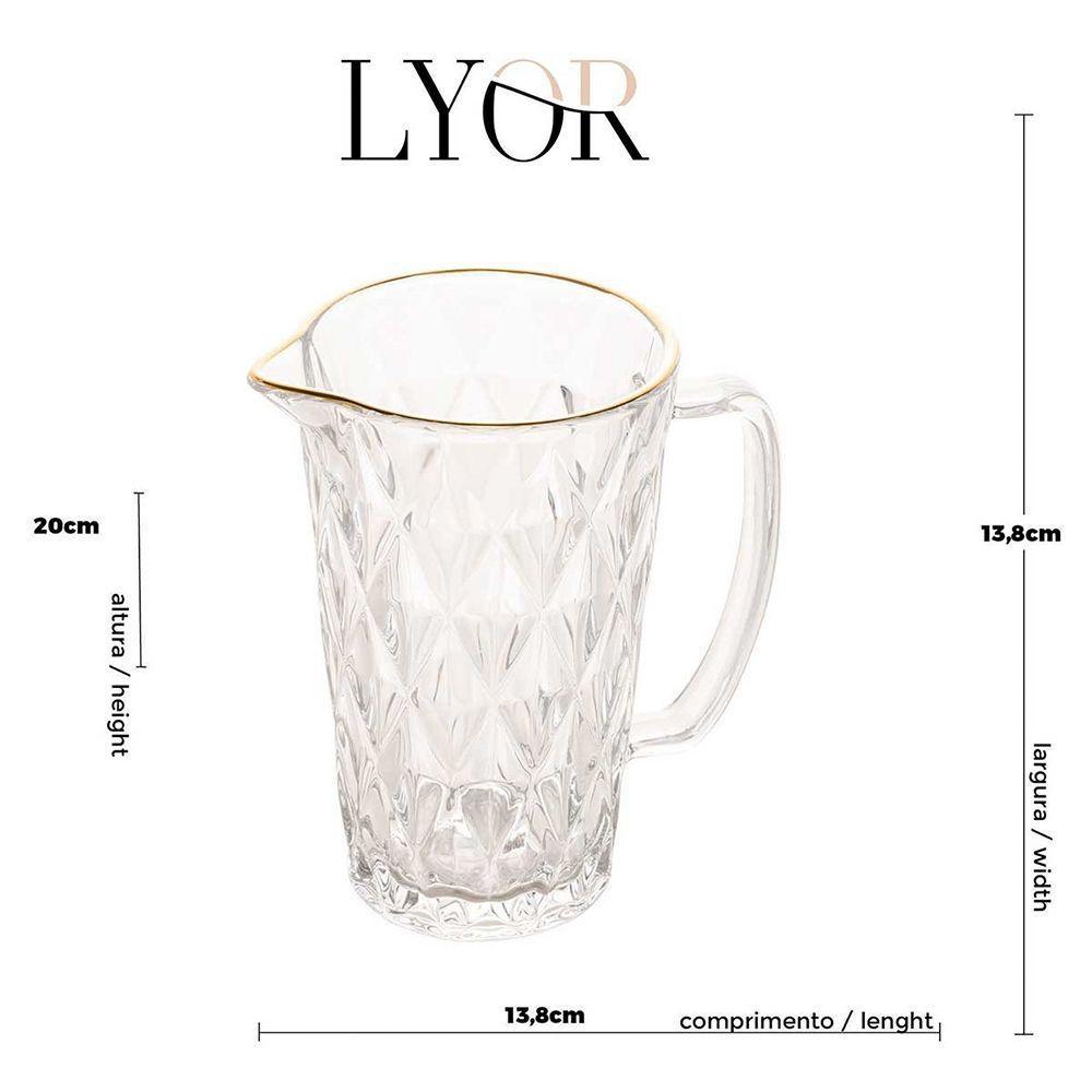 Jogo Jarra 1l Diamond Com 4 Taças De Vidro 325ml Fio De Ouro Borda Dourada água Suco Lyor - 8