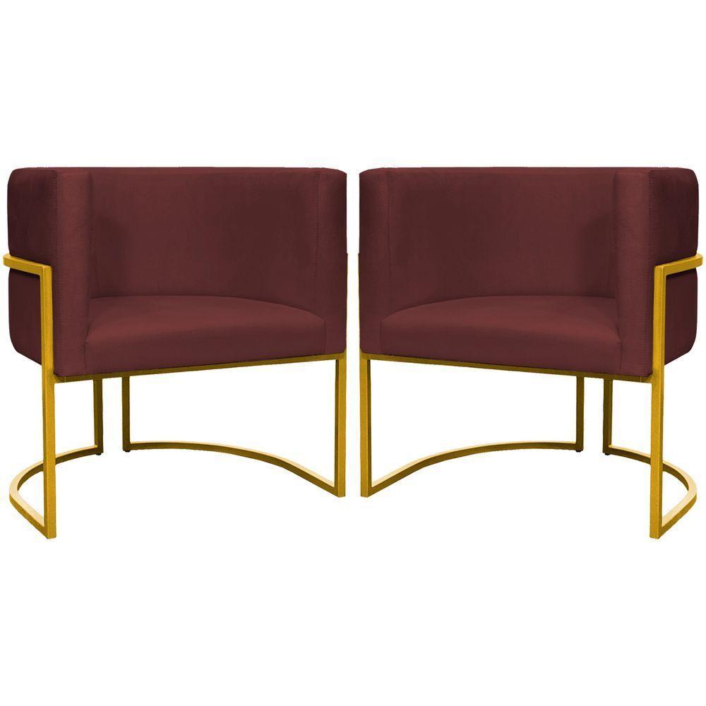 Kit 2 Poltronas Cadeira Para Sala De Luna Suede Cores Base Dourada - Bordô, Suede - 1