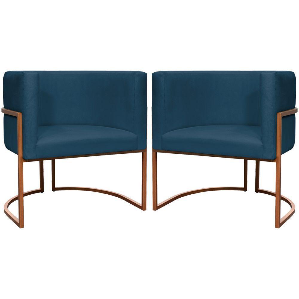 Kit 2 Poltronas Para Sala De Recepção Luna Suede Cores Base De Ferro Bronze - Azul-marinho, Suede - 1