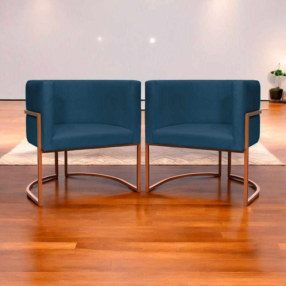 Kit 2 Poltronas Para Sala De Recepção Luna Suede Cores Base De Ferro Bronze - Azul-marinho, Suede - 8