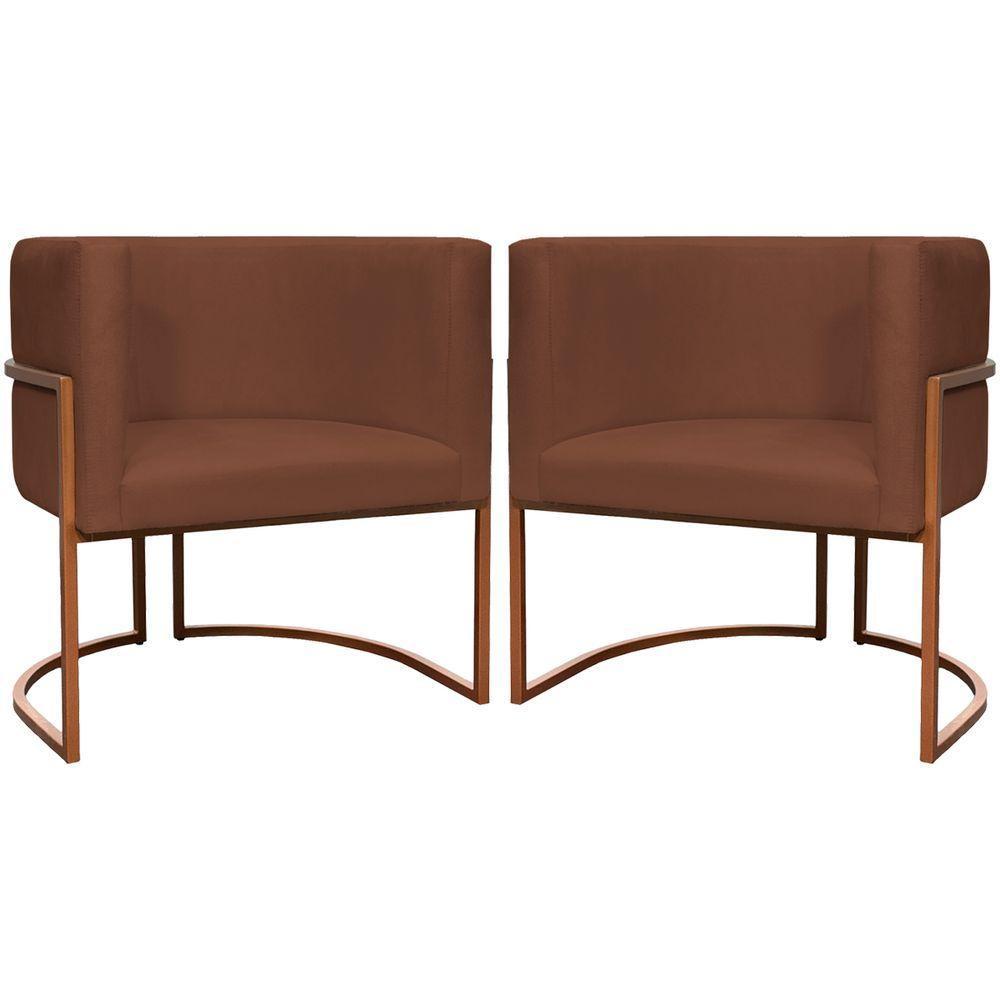 Kit 2 Poltronas Para Sala De Recepção Luna Suede Cores Base De Ferro Bronze - Terracota, Suede - 1
