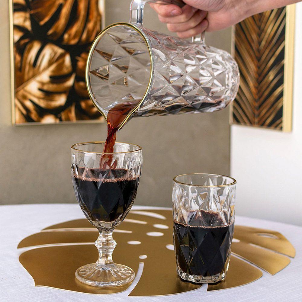 Jogo Jarra 1l Diamond Com 6 Taças De Vidro 325ml Fio De Ouro Borda Dourada água Suco Lyor - 7
