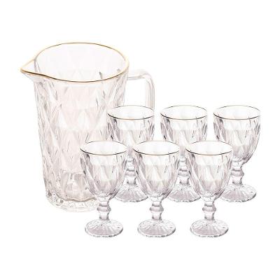 Jogo Jarra 1l Diamond Com 6 Taças De Vidro 325ml Fio De Ouro Borda Dourada água Suco Lyor