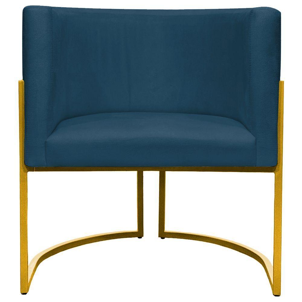 Kit 2 Poltronas Cadeira Para Sala De Luna Suede Cores Base Dourada - Azul-marinho, Suede - 7