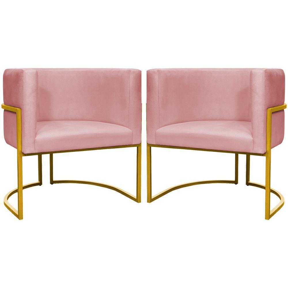 Kit 2 Poltronas Cadeira Para Sala De Luna Suede Cores Base Dourada - Rosê, Suede - 1