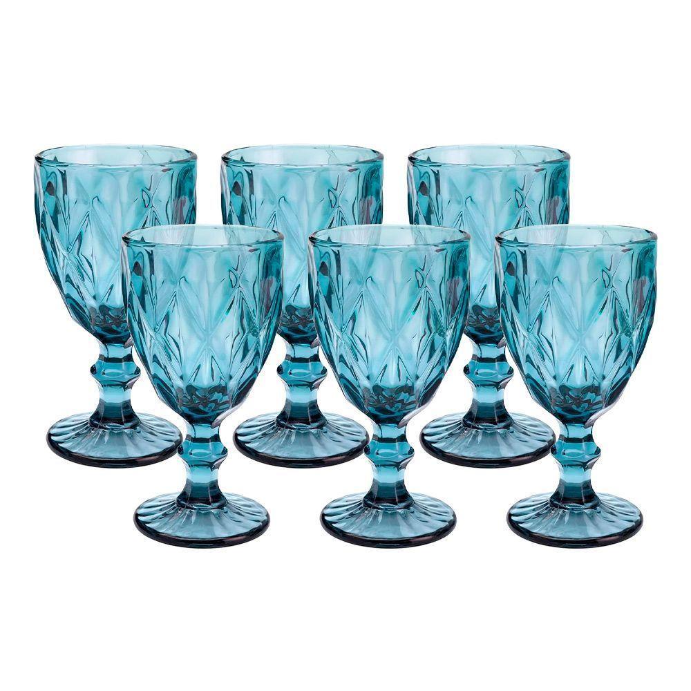 Jogo 6 Taças De Vidro Diamond Diamante Azul 300ml água Class Home - 1