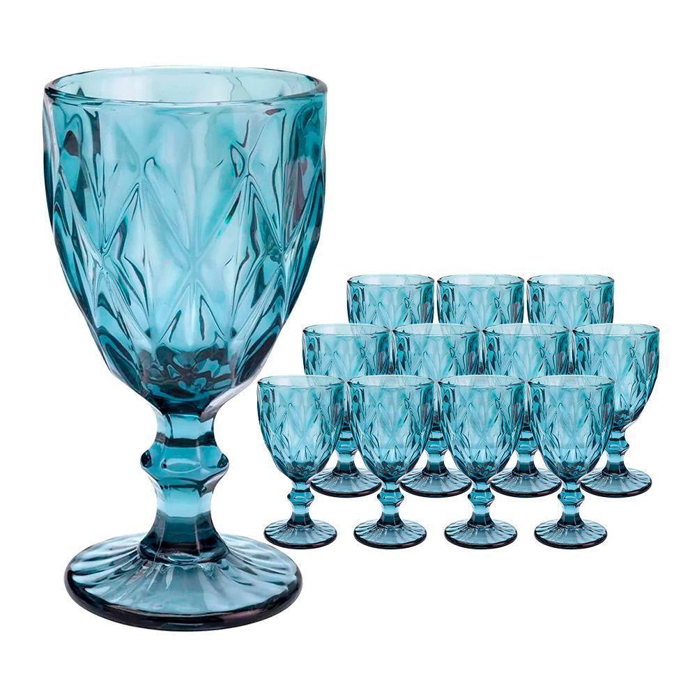 Jogo 12 Taças De Vidro Diamond Diamante Azul 300ml água Class Home - 1
