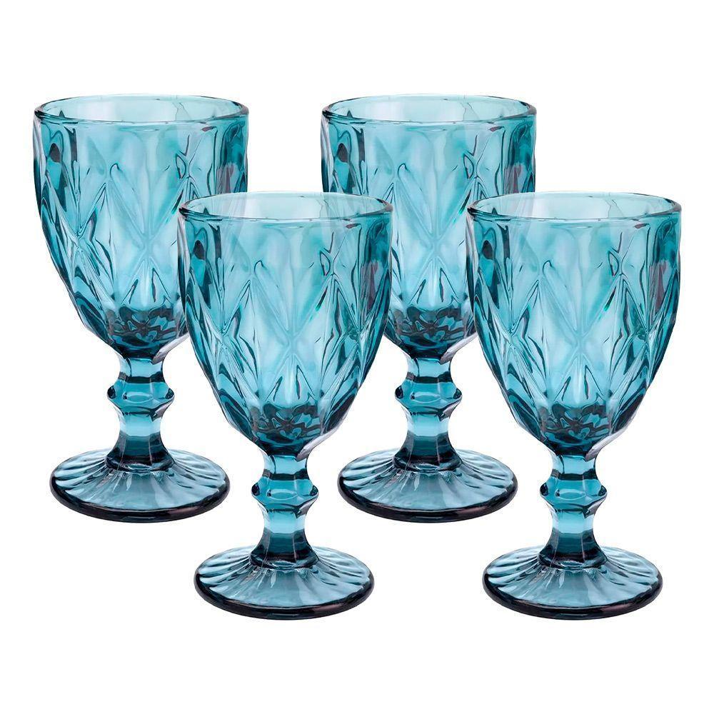 Jogo 4 Taças De Vidro Diamond Diamante Azul 300ml água Class Home - 1
