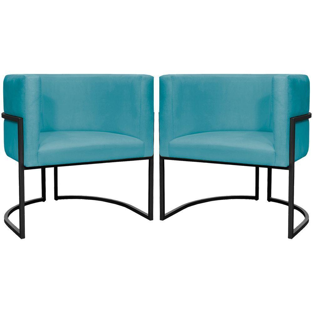 Kit 2 Poltronas Luna Suede Cores Base De Ferro Preta - Azul-turquesa, Suede - 1