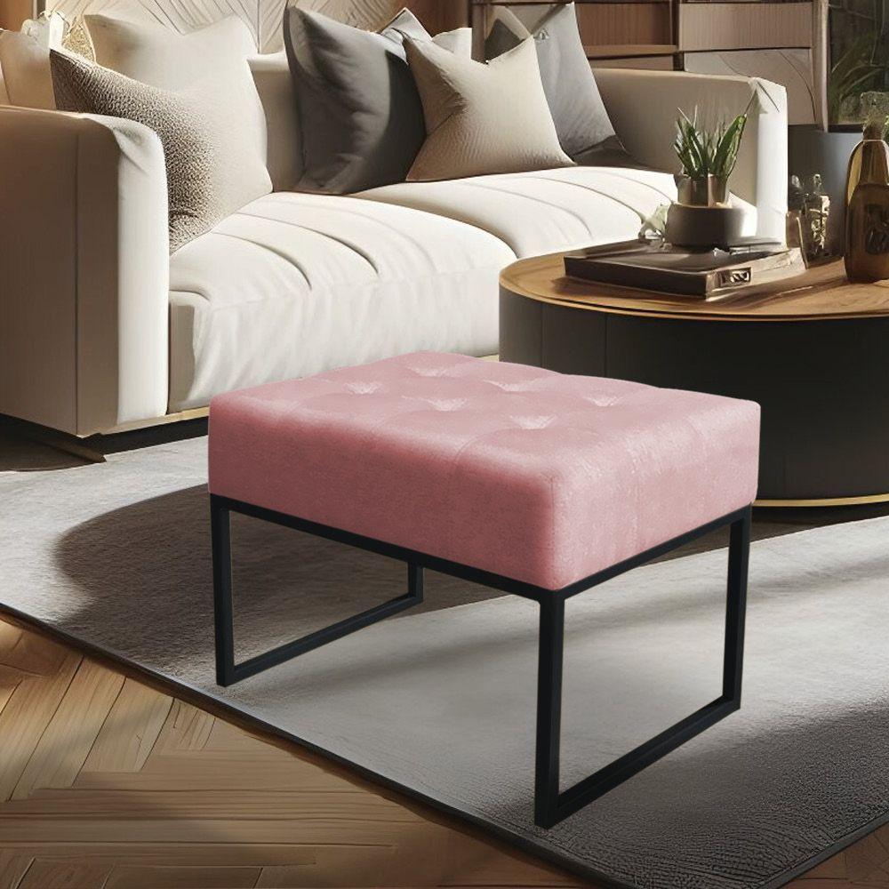 Puff Lisa Suede Rosa Bebê Base Metálica Industrial Preto - Pallazio - 3