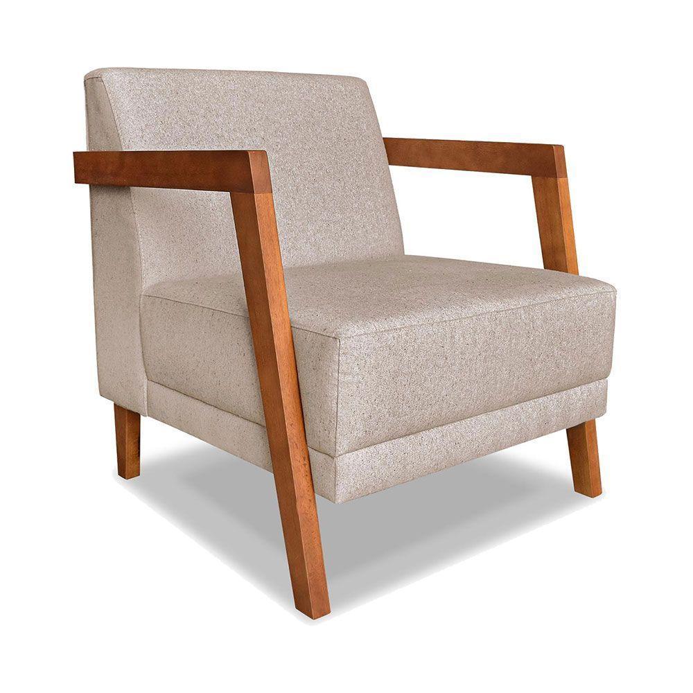 Kit 02 Poltronas Decorativa Natália Linho Areia Base Em Madeira Castanho - Pallazio - 6