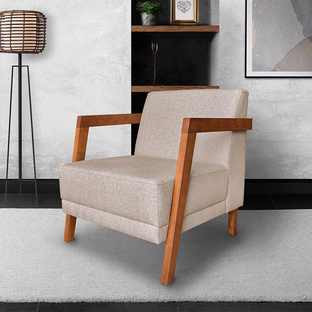 Kit 02 Poltronas Decorativa Natália Linho Areia Base Em Madeira Castanho - Pallazio - 7