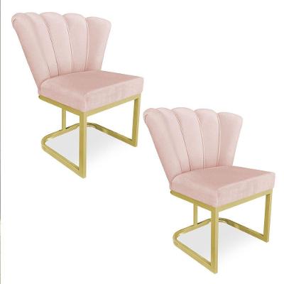 Kit 02 Poltronas Flor Veludo Rosa Bebê Base Metálica Industrial Dourado - Pallazio