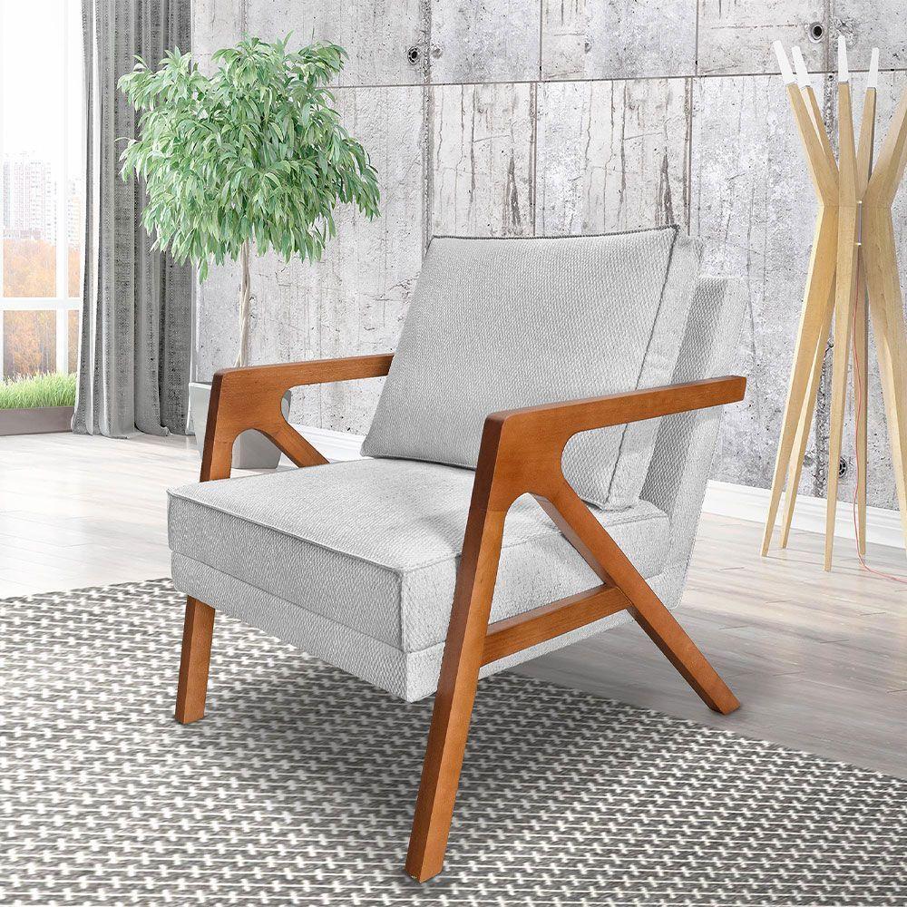 Kit 2 Poltronas Decorativa Luiza Linho Bouclê Cinza Base Em Madeira Castanho - Pallazio - 7