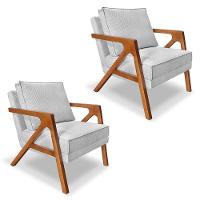 Kit 2 Poltronas Decorativa Luiza Linho Bouclê Cinza Base Em Madeira Castanho - Pallazio - 1