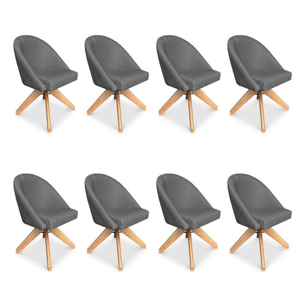 Kit 08 Poltronas Cadeira Giratória Bela Linho Grafite Base De Madeira - Pallazio - 1