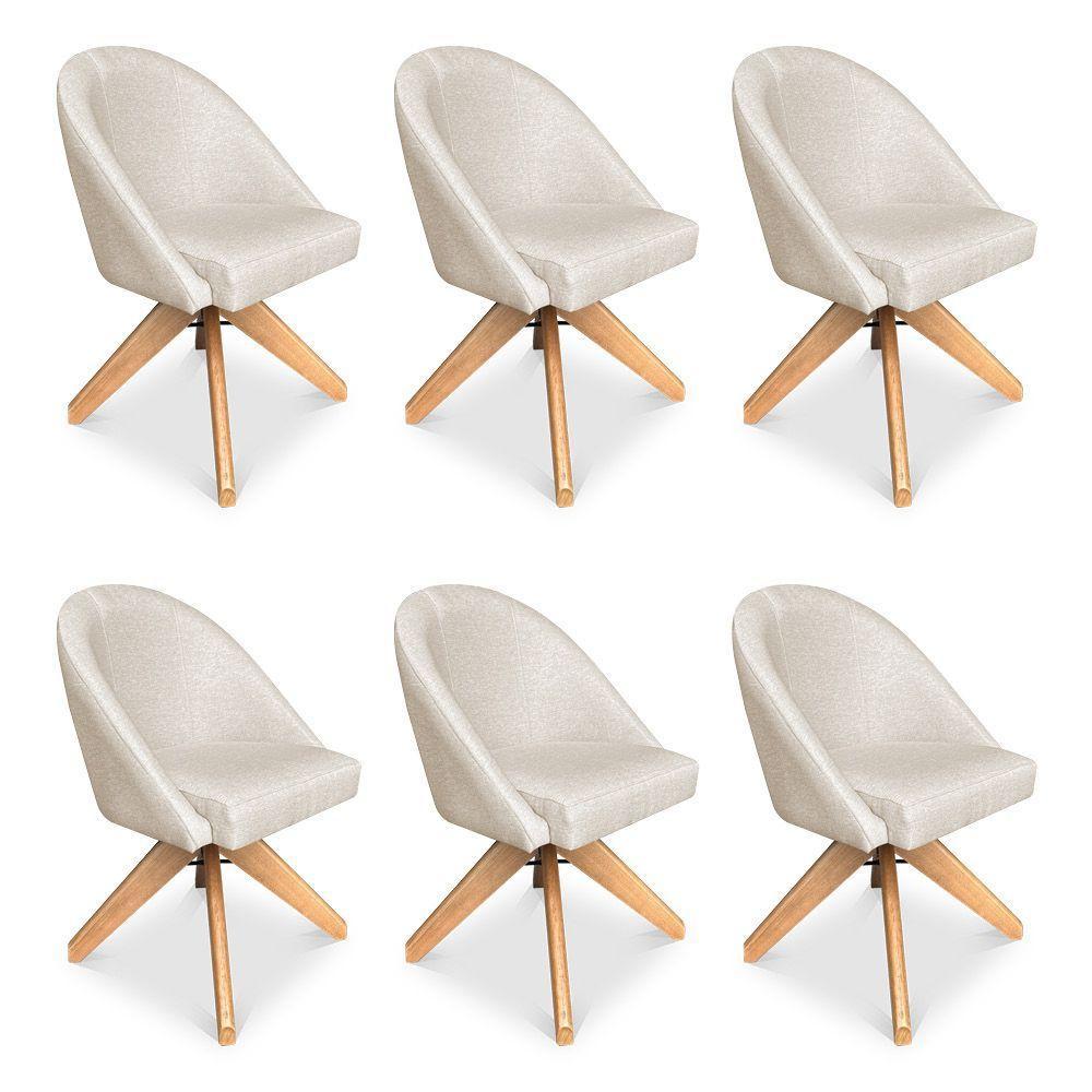 Kit 06 Poltronas Cadeira Giratória Bela Linho Bege Base De Madeira - Pallazio - 1